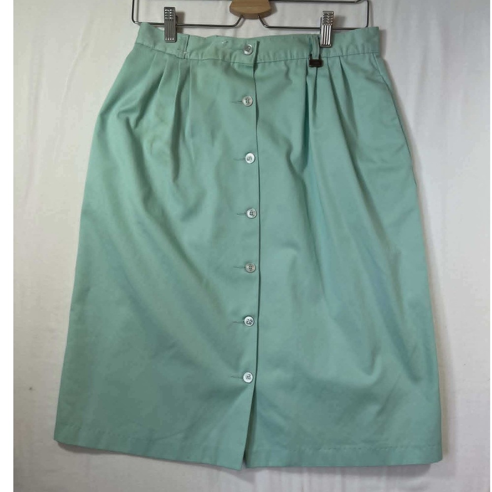 Vintage Sears Seafoam Green Button Front Midi Skirt High Waist Dragon Logo Sz 16